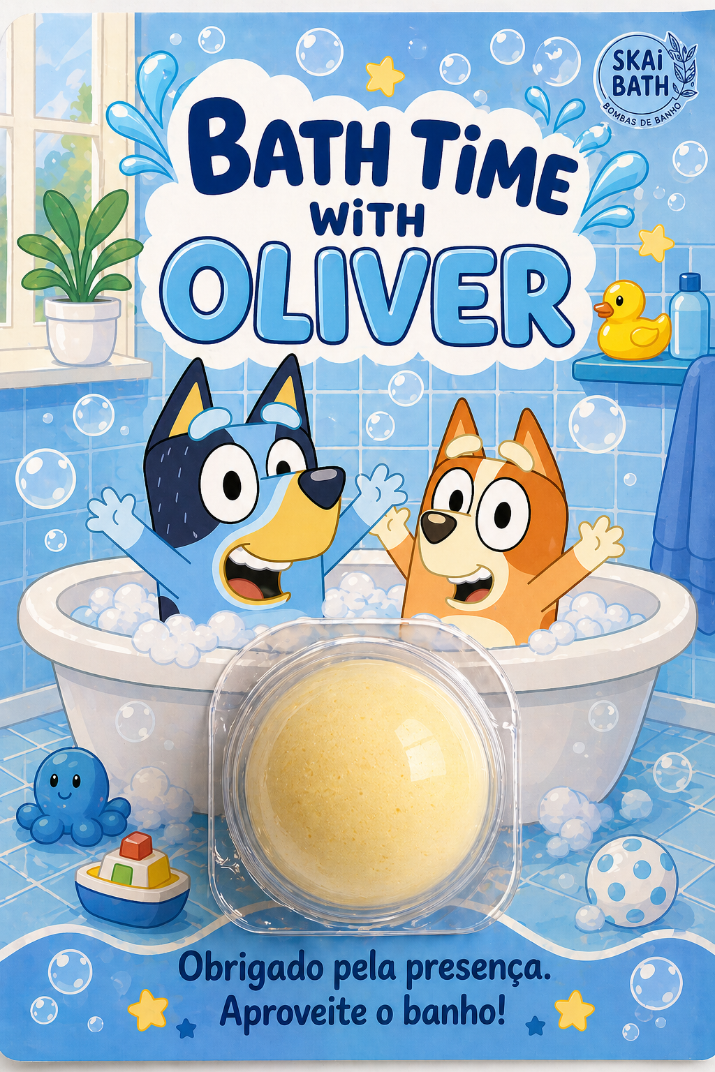 Mini bomba de banho personalizada com tema Bluey para lembrancinha de evento infantil